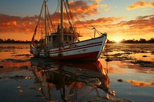 pescar barco en el agua a puesta de sol con un reflexión en agua y un hermosa cielo. dramático cielo y hermosa naturaleza fondo., maravilloso marina. foto