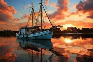 Fishing boat on the water at sunset with a reflection in water and a beautiful sky.  Dramatic sky and beautiful nature background., Wonderful seascape. photo