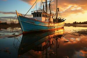 pescar barco en el agua a puesta de sol con un reflexión en agua y un hermosa cielo. dramático cielo y hermosa naturaleza fondo., maravilloso marina. foto