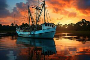 pescar barco en el agua a puesta de sol con un reflexión en agua y un hermosa cielo. dramático cielo y hermosa naturaleza fondo., maravilloso marina. foto