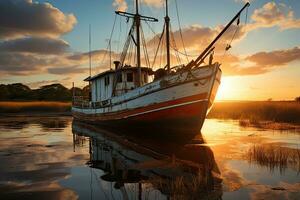 pescar barco en el agua a puesta de sol con un reflexión en agua y un hermosa cielo. dramático cielo y hermosa naturaleza fondo., maravilloso marina. foto