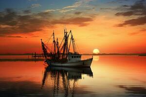 pescar barco en el agua a puesta de sol con un reflexión en agua y un hermosa cielo. dramático cielo y hermosa naturaleza fondo., maravilloso marina. foto