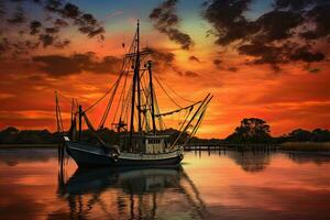 pescar barco en el agua a puesta de sol con un reflexión en agua y un hermosa cielo. dramático cielo y hermosa naturaleza fondo., maravilloso marina. foto