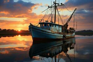 pescar barco en el agua a puesta de sol con un reflexión en agua y un hermosa cielo. dramático cielo y hermosa naturaleza fondo., maravilloso marina. foto