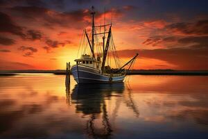 Fishing boat on the water at sunset with a reflection in water and a beautiful sky.  Dramatic sky and beautiful nature background., Wonderful seascape. photo