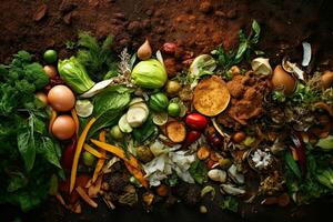 Various vegetable scraps were scattered on the soil. Gardening and planting concept. photo