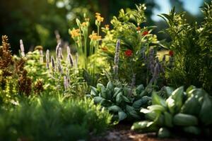 Flowers in the garden on a sunny summer day. Selective focus.  Beautiful flowers and plants in the garden at sunset. Nature background. photo