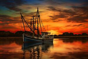 pescar barco en el agua a puesta de sol con un reflexión en agua y un hermosa cielo. dramático cielo y hermosa naturaleza fondo., maravilloso marina. foto