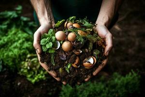Farmer holding fresh organic eggs in her hands. Organic farming concept.  Close-up of a man's hands holding a young plant in soil. photo