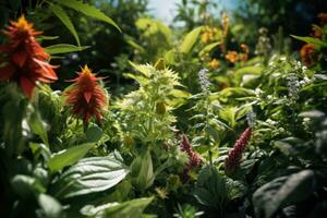 Flowers in the garden on a sunny summer day. Selective focus.  Beautiful flowers and plants in the garden at sunset. Nature background. photo