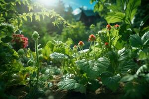 Close up of strawberry plants growing in the garden on a sunny day. Selective focus.  Beautiful flowers and plants in the garden at sunset. Nature background.  AI generated photo