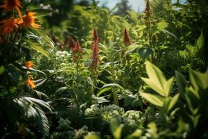 Flowers in the garden on a sunny summer day. Selective focus.  Beautiful flowers and plants in the garden at sunset. Nature background. photo