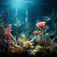 Underwater scene with corals and tropical fish. Underwater world. Aquarium decoration consisting of natural, tropical stones and plants. And the beautiful atmosphere created by the light beams. photo