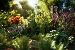 Flowers in the garden on a sunny summer day. Selective focus.  Beautiful flowers and plants in the garden at sunset. Nature background. photo