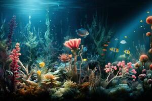 Underwater scene with corals and tropical fish. Underwater world. Aquarium decoration consisting of natural, tropical stones and plants. And the beautiful atmosphere created by the light beams. photo