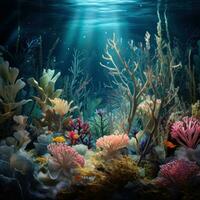 Underwater scene with corals and tropical fish. Underwater world. Aquarium decoration consisting of natural, tropical stones and plants. And the beautiful atmosphere created by the light beams. photo