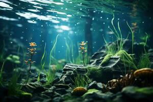 Underwater scene with corals and tropical fish. Underwater world. Aquarium decoration consisting of natural, tropical stones and plants. And the beautiful atmosphere created by the light beams. photo