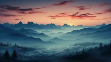 Foggy mountains landscape at sunset.  Foggy landscape with mountains in the background. Vector illustration. photo