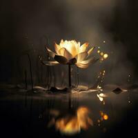 Beautiful yellow lotus flower on the swamp, water with dark background.   Mystic white lotus flower in the pond with smoke and fire. photo