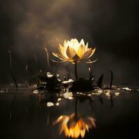 Beautiful yellow lotus flower on the swamp, water with dark background.   Mystic white lotus flower in the pond with smoke and fire. photo