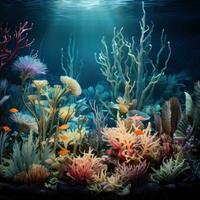 Underwater scene with corals and tropical fish. Underwater world. Aquarium decoration consisting of natural, tropical stones and plants. And the beautiful atmosphere created by the light beams. photo