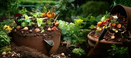 Gardening tools and fresh organic vegetables in pots in the garden. Gardening and planting concept. photo