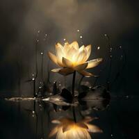 Beautiful yellow lotus flower on the swamp, water with dark background.   Mystic white lotus flower in the pond with smoke and fire. AI generated photo