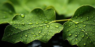Green leaf with water drops, close-up. Nature background.  shallow depth of field. photo
