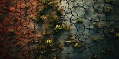 Dry land with cracked ground and green plants. 3d render.  Green sprout growing on cracked earth background, global warming, climate change concept. photo