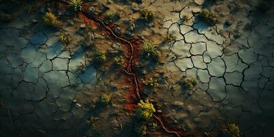 Dry land with cracked ground and green plants. 3d render.  Green sprout growing on cracked earth background, global warming, climate change concept. photo