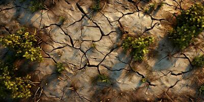 Dry land with cracked ground and green plants. 3d render.  Green sprout growing on cracked earth background, global warming, climate change concept. photo