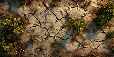 seco tierra con agrietado suelo y verde plantas. 3d prestar. verde brote creciente en agrietado tierra fondo, global calentamiento, clima cambio concepto. foto