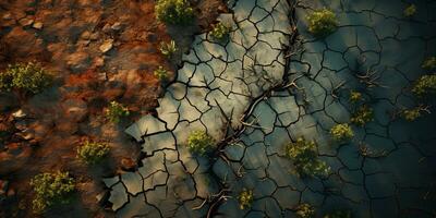 Dry land with cracked ground and green plants. 3d render.  Green sprout growing on cracked earth background, global warming, climate change concept. photo