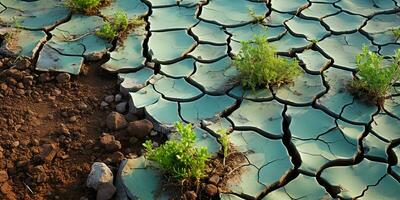 Dry land with cracked ground and green plants. 3d render.  Green sprout growing on cracked earth background, global warming, climate change concept. photo