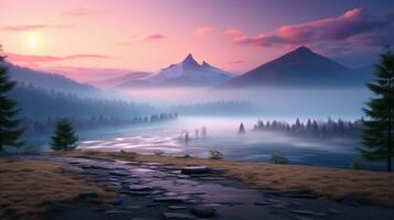 Foggy mountains landscape at sunset.  Foggy landscape with mountains in the background. Vector illustration. photo