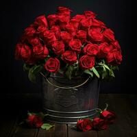 Bouquet of red roses in metal bucket on black background. AI generated photo