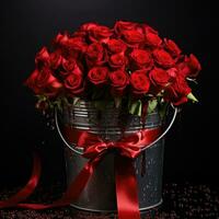 Bouquet of red roses in metal bucket with red ribbon on black background. AI generated photo