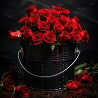 Bouquet of red roses in metal bucket on black background. AI generated photo