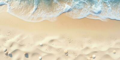 Seashells on the sandy beach in summer. Aerial view.  Top view of sand beach and sea wave with white sand background.  AI generated photo