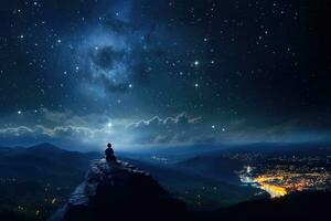 silueta de hombre sentado en parte superior de montaña y mirando a noche cielo. ai generado foto