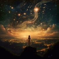 Fantasy landscape with a girl in a white dress against the background of the night sky. Fantasy image of a woman standing on the edge of a cliff and looking at the night sky. AI generated photo