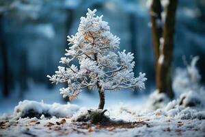 Frosty tree in the winter forest. Beautiful winter landscape. Pine tree covered with snow in the park. Winter landscape. Beautiful winter background. AI generated photo