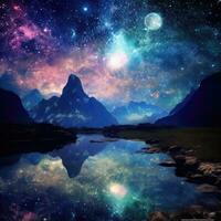 Fantasy landscape with a lake, mountains and stars in the background. Mountain landscape with lake, stars and moon. Digital painting. AI generated photo