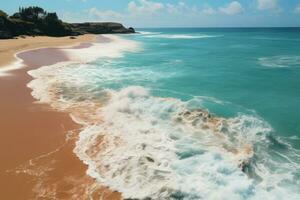 aéreo ver de hermosa arenoso playa con turquesa agua y ondas. hermosa tropical playa y mar con azul cielo antecedentes. ai generado foto