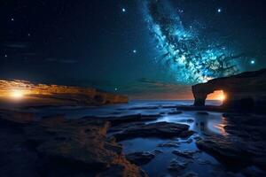 fantasía paisaje con un cueva y un lechoso forma. estrellado cielo y mar. 3d representación ai generado foto