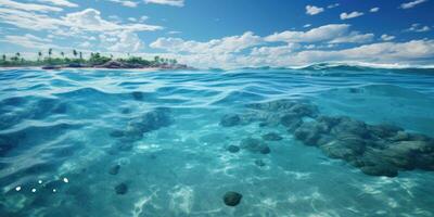 Rocky coast of the Mediterranean Sea with clear blue water and waves.   AI generated photo