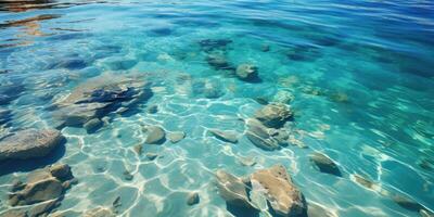 rocoso costa de el Mediterráneo mar con claro azul agua y ondas. ai generado foto