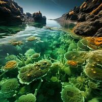 Underwater world. 3D render of underwater world with coral reef. Beautiful seascape. Colorful seascape. Composition of nature.  AI generated photo