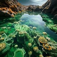 Underwater world. 3D render of underwater world with coral reef. Beautiful seascape. Colorful seascape. Composition of nature.  AI generated photo