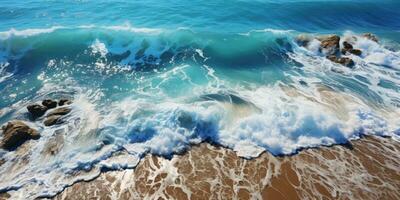 Beautiful seascape with blue ocean waves and sandy beach. Aerial view.  AI generated photo